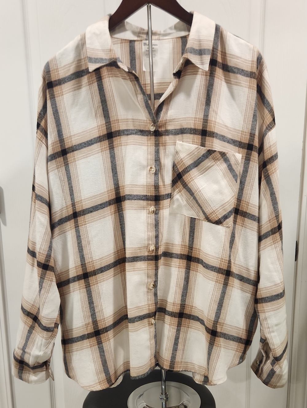 No Boundaries Cream Plaid Button-Down Shirt with Brown & Gray Stripes